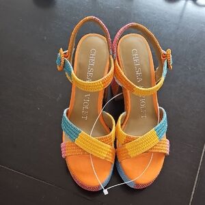 Chelsea & Violet Multicolor Woven Strap Sandals in Orange, Teal & Pink